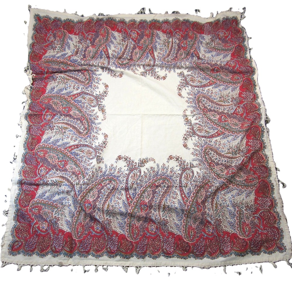 Pottery Barn Fringed Tablecloth 44" x 54" Red Cream Paisley Rectangular Boho